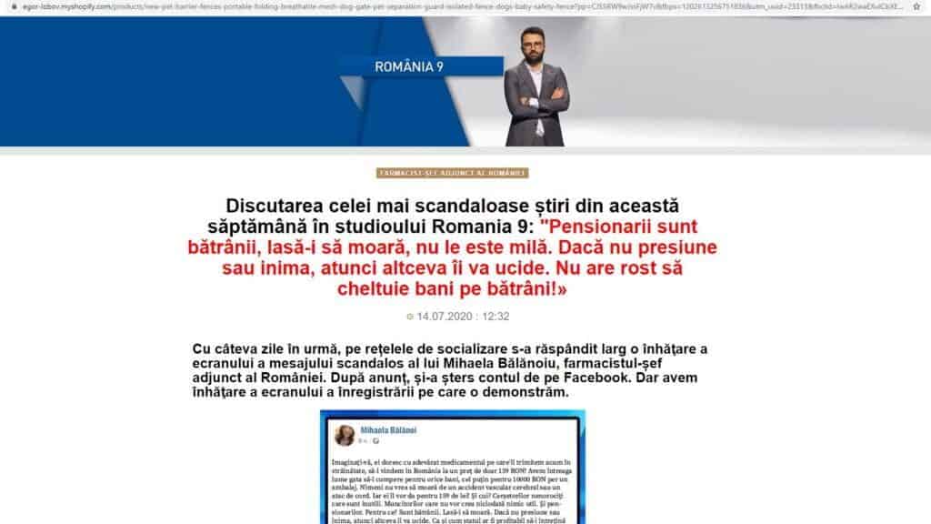 Pagina falsă, care simulează o ediție a talk-show-ului România9