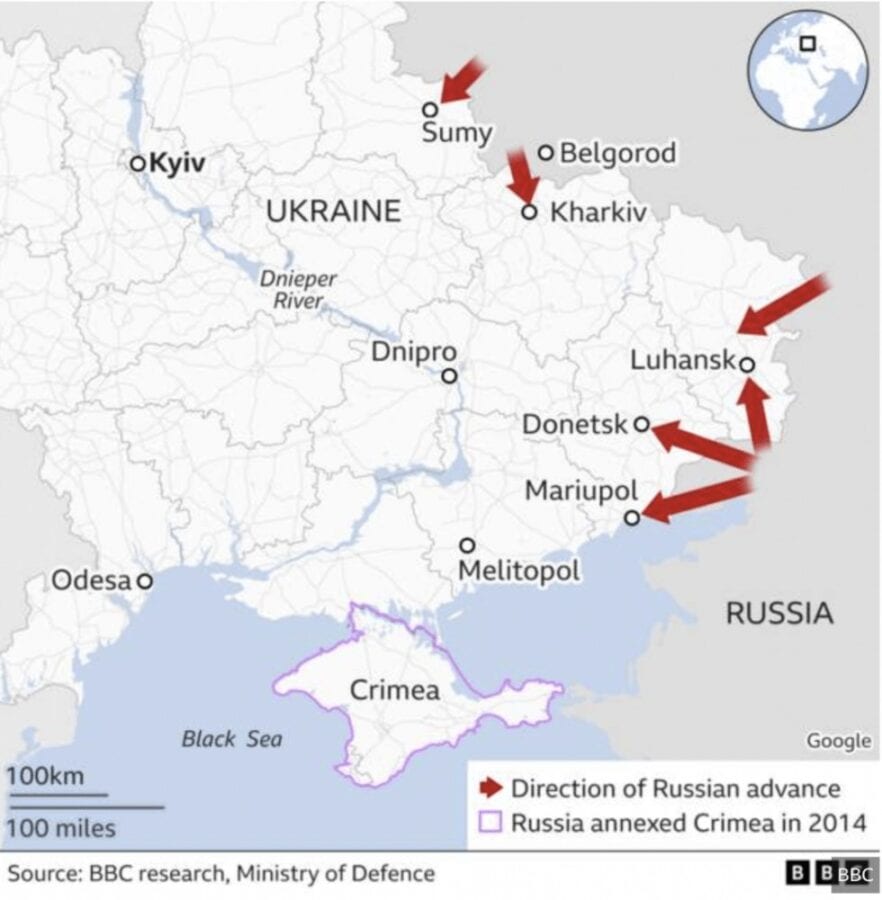 Harta progreselor făcute de armata rusă în nordul și estul Ucrainei