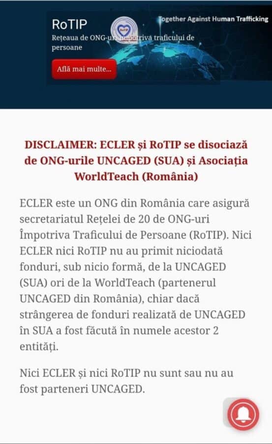 Disclaimer de disociere al RoTIP și ECLER de Asociația WorldTeach și Uncaged