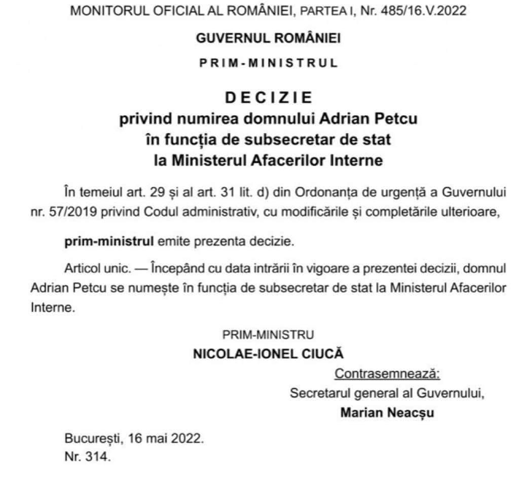 Decizia lui Nicolae Ciucă prin care Adrian Petcu a fost readus în Ministerul de Interne