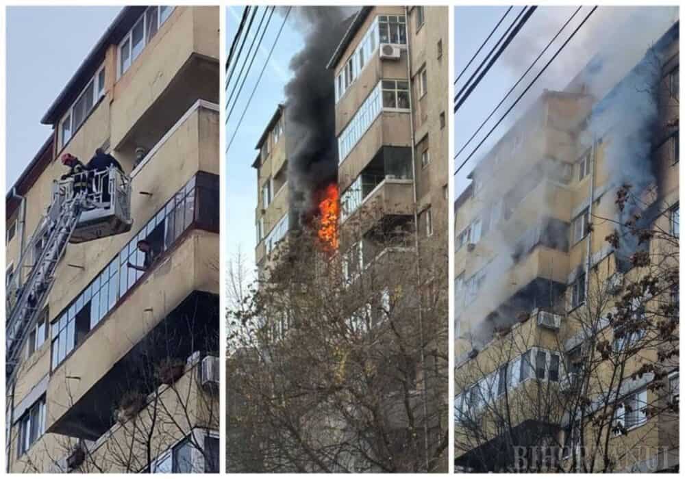 Incendiu puternic într-un bloc din Oradea. Locatari scoși de pompieri pe ferestre cu autoscara