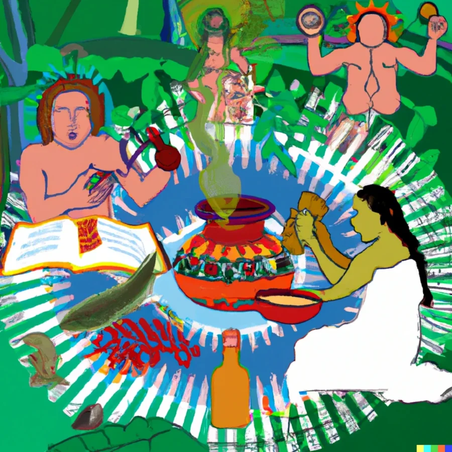 Ritualul cu ayahuasca. Imagine generată de DALL-E, soft de inteligență artificială