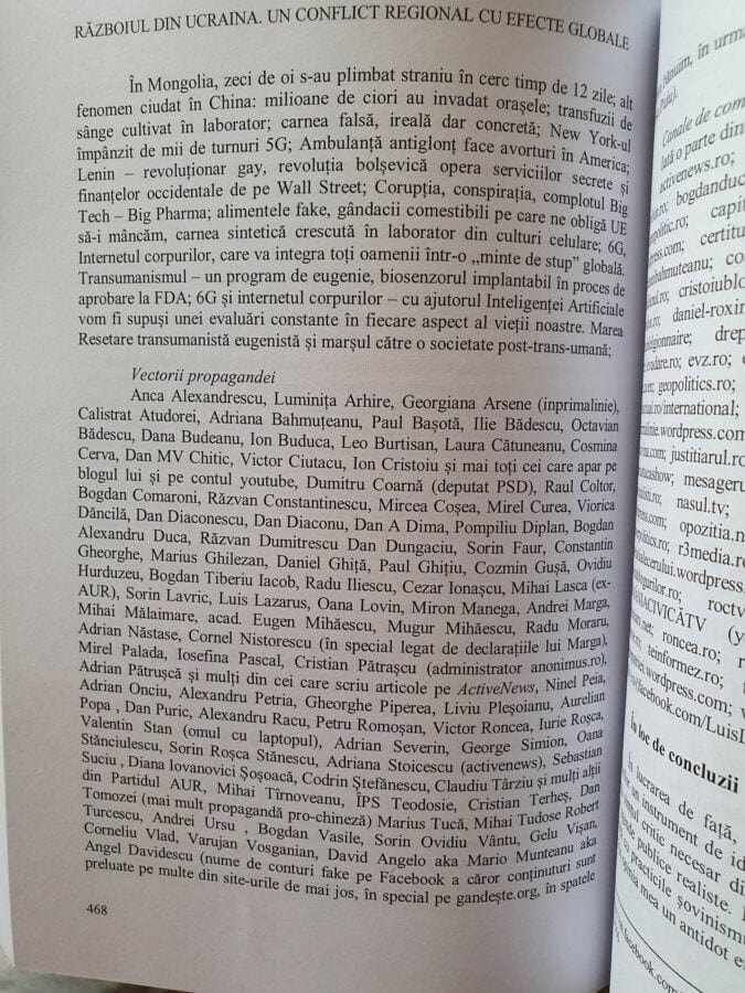 „Lista putiniștilor” din capitolul  Războiul hibrid pentru colonizarea minţilor. Propaganda pro-rusă din România, scris de Constantin Ilaș
