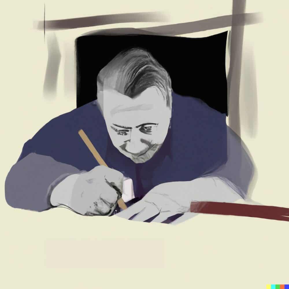 Julius Márton, scriind biletul pe care l-a lăsat în zidul Cazinoului din Constanța. Ilustrație făcută cu DALL-E, soft de AI