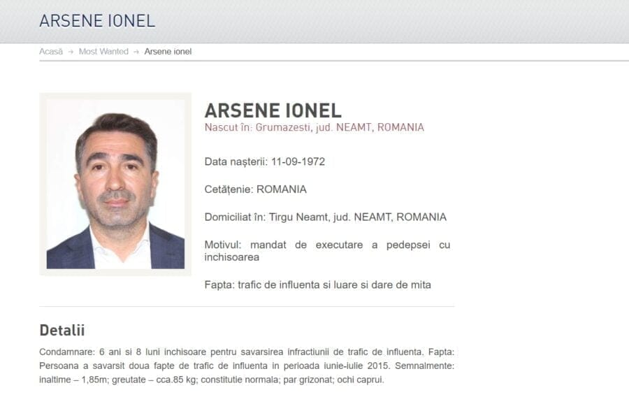 Ionel Arsene, în baza de date a urmăriților internaționali