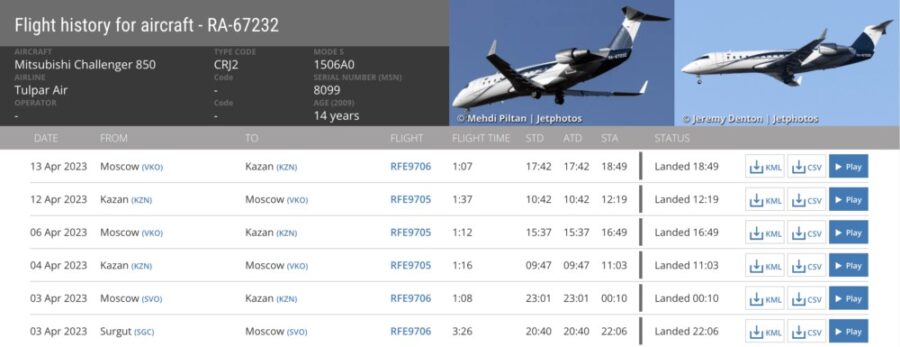 Istoricul recent al zborurilor aeronavei folosite de obicei de Rustam Minnihanov