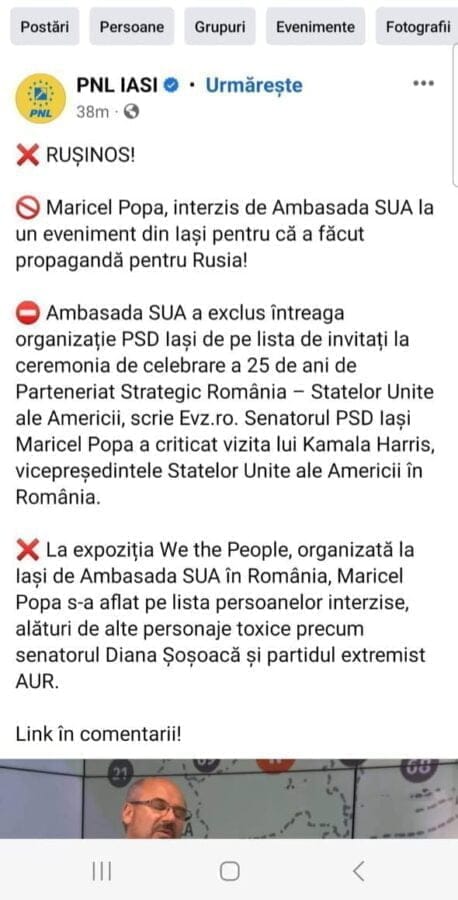 Postarea de pe pagina de FB a PNL Iași a fost ștearsă, dar PSD a reușit să o arhiveze.