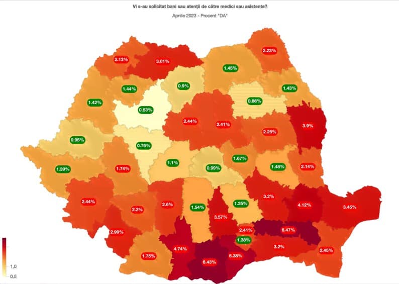 Harta Șpăgii ne arată în ce județe din România medicii sau asistenții au solicitat mită (bani sau atenții) și în ce procentaj.