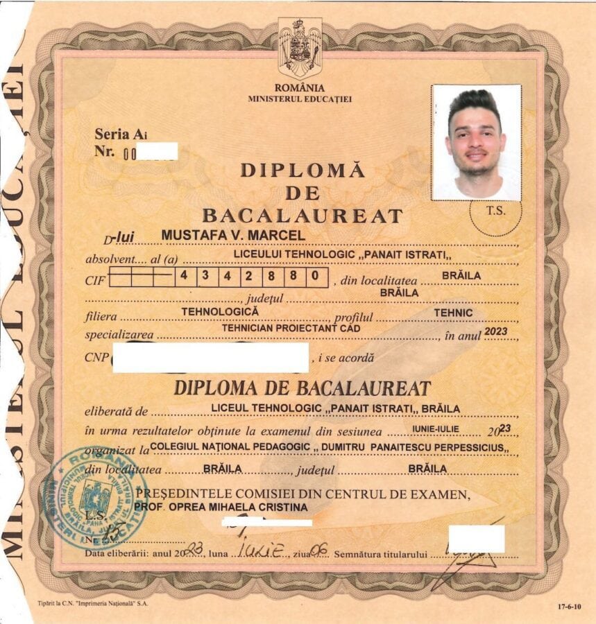Diploma de bacalaureat a lui Marcel Mustafa