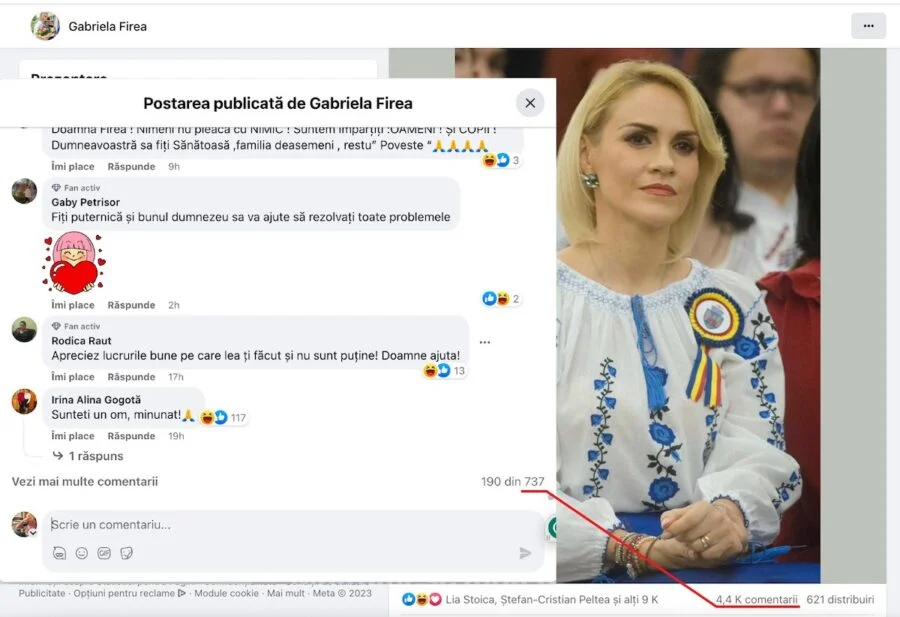 În dreapta, jos, numărul de comentarii la postarea Gabrielei Firea. În stânga, numărul de comentarii care au mai rămas