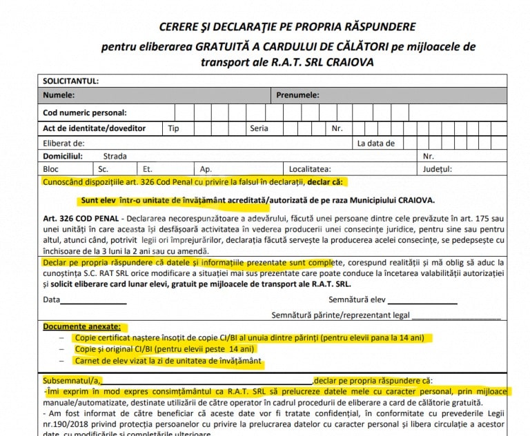 La Craiova, elevii minori trebuie să dea declarații pe proprie răspundere pentru cardurile de transport, deși minorii nu răspund penal