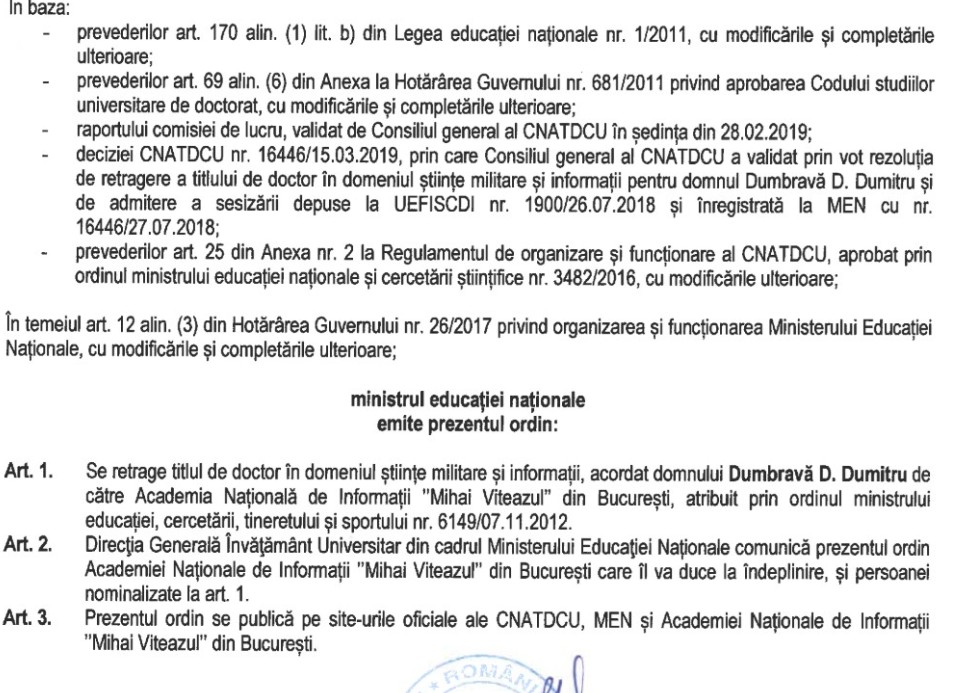 Generalul SRI Dumbravă și plagiatul. De ce nu s-a reușit anularea titlului de doctor. Ministerul Educației a pierdut procesul la Curtea de Apel București.