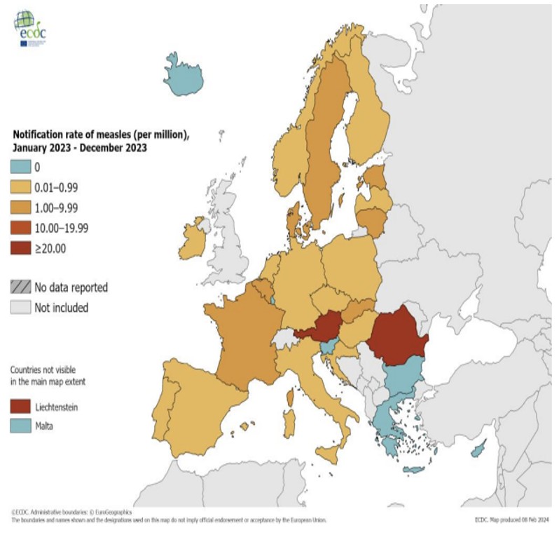 Situația rujeolei în România (1 ianuarie - 31 decembrie 2023.
România are cea mai mare rata de notificare a cazurilor de rujeolă din Europa (92,16 la 1 million de loc). Sursa: European Centre for Disease Prevention and Control