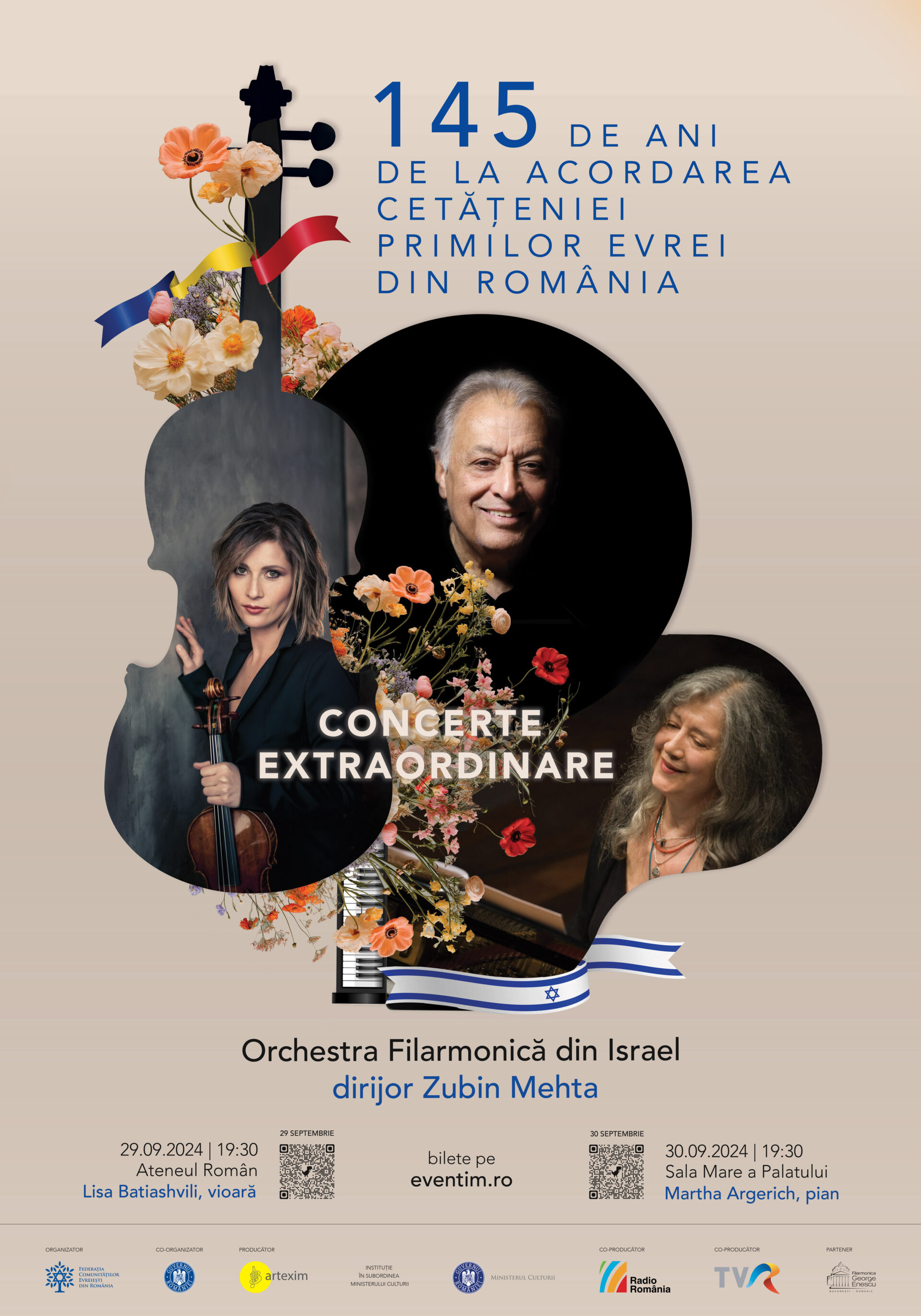 Orchestra Filarmonicii din Israel, Zubin Mehta, Martha Argerich și Lisa Batiashvili – prezenți la București cu prilejul aniversării a 145 de ani de la acordarea cetățeniei primilor evrei din România