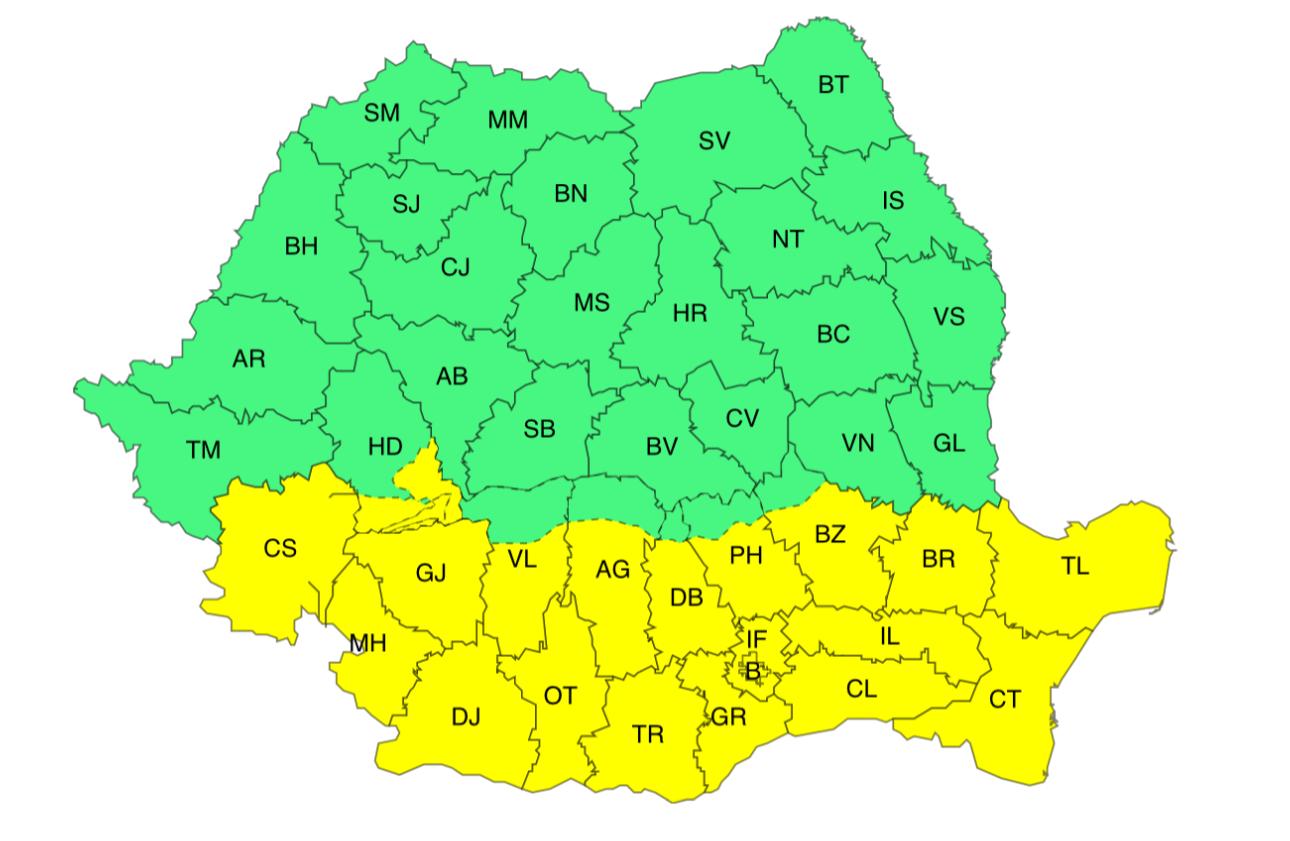 Cod galben de intensificări ale vântului și viscol, emis pentru București și 19 județe din sudul țării